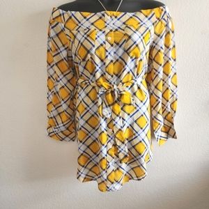 K Glam Yellow Plaid Plus Size Mini Dress w/ Belt Plus Sizes L, 1xl, 2xl